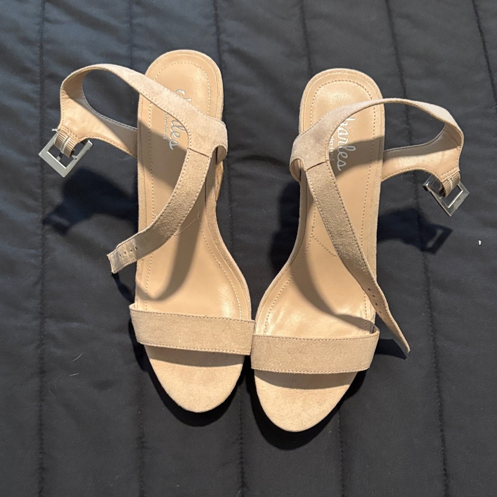 Charles David Beige Suede Open-Toe Ankle Strap Heels